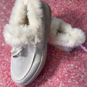 White Faux Fur Lined Moccasins